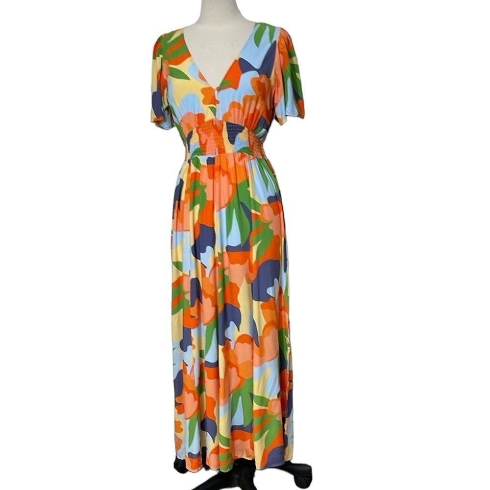NWT Abel The Label ATL Bold Floral  Vee Neck Maxi Dress SZ M